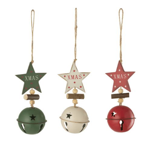J-lineSuspension Xmas Etoile+Clochette Metal Blanc/Vert/Rouge Assortiment De 3