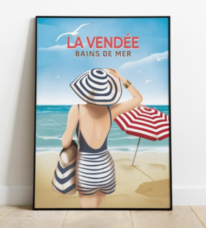 Affiche la Vendée - Bain de mer - Femme en maillot sur la plage - Authentik design